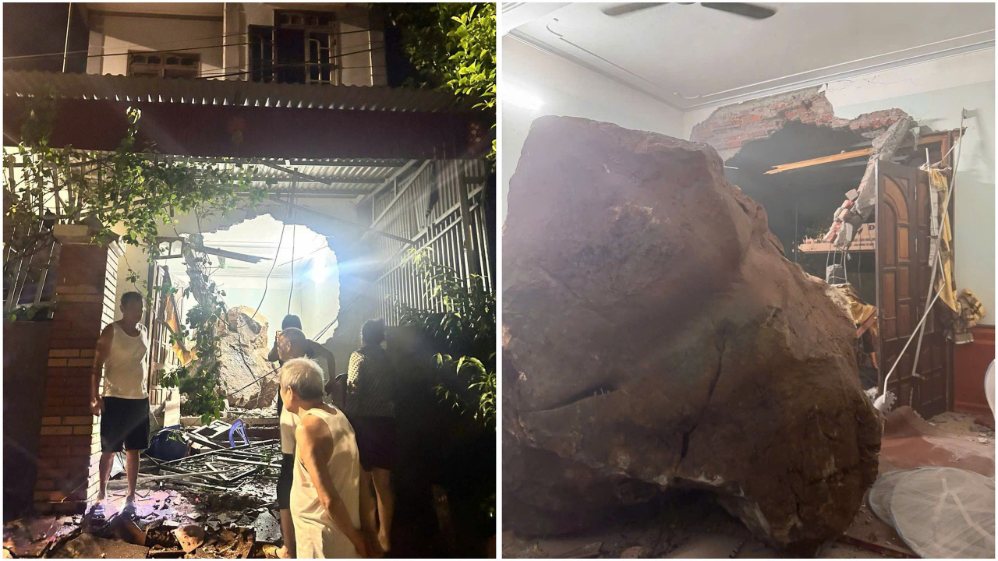 Large rocks pierce a two-story house in Lang Son, urgently relocating people overnight. Photo: Ngo Diem