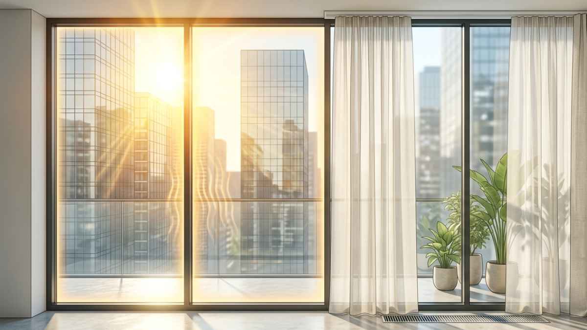 Thiết kế cửa kính kết hợp rèm giúp hạn chế nắng gắt. Ảnh có sự hỗ trợ của AI