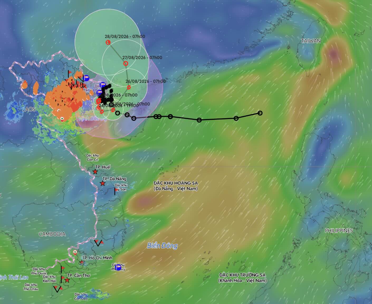 The path of storm No. 4 is very winding, above is an update on the direction of movement of storm No. 4 at 11:00 AM on August 24. Photo: Vietnam Disaster Monitoring System. Photo: Vietnam Disaster Monitoring System