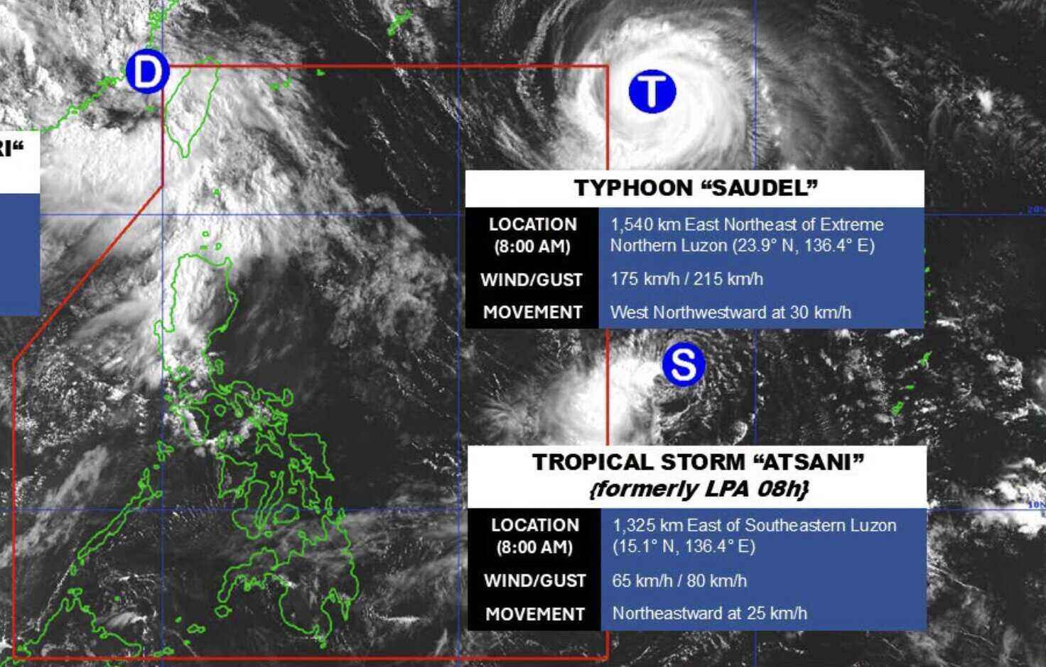 Typhoon Saudel, tropical storm Atsani and tropical depression Gaenari were also monitored outside the Philippine Responsibility Zone on August 24. Photo: PAGASA