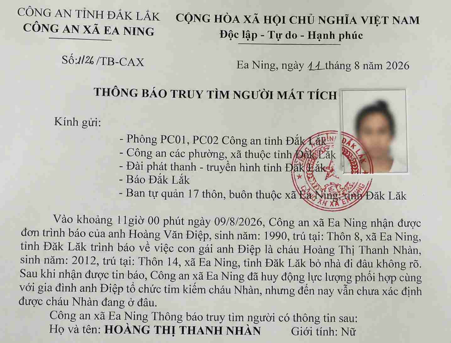 Functional agencies are searching for Hoang Thi Thanh Nhan (residing in Ea Ning commune, Dak Lak province) who has been missing for many days. Photo: Ea Ning Commune Police