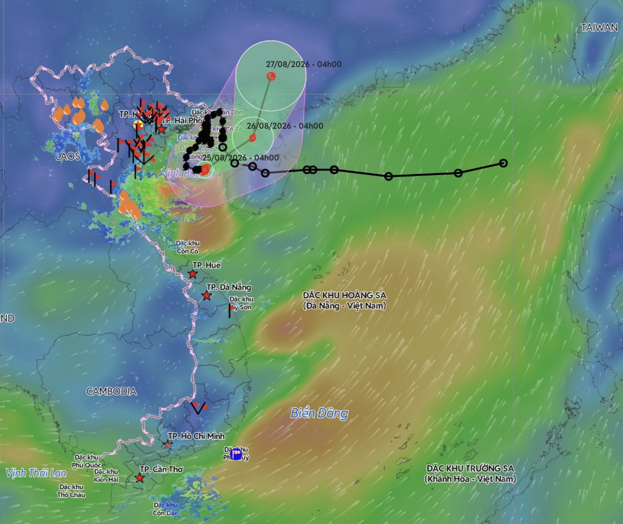 Direction of movement of storm No. 4 at 4:00 AM on August 25. Photo: Vietnam Disaster Monitoring System.