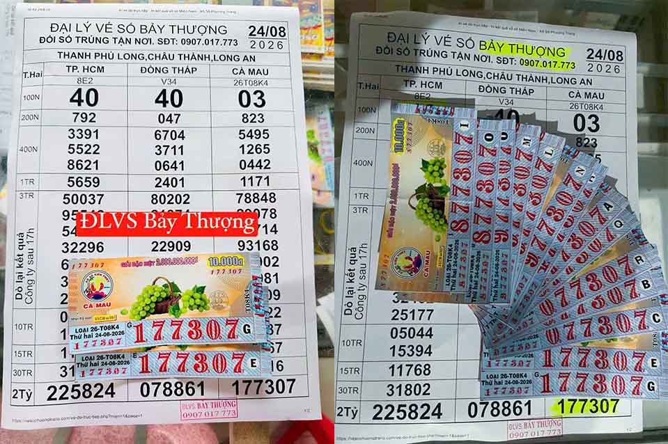Vé số trúng giải đặc biệt và khuyến khích ngày 25.8 của Xổ số kiến thiết Cà Mau. Ảnh: Đại lý VS Bảy Thượng