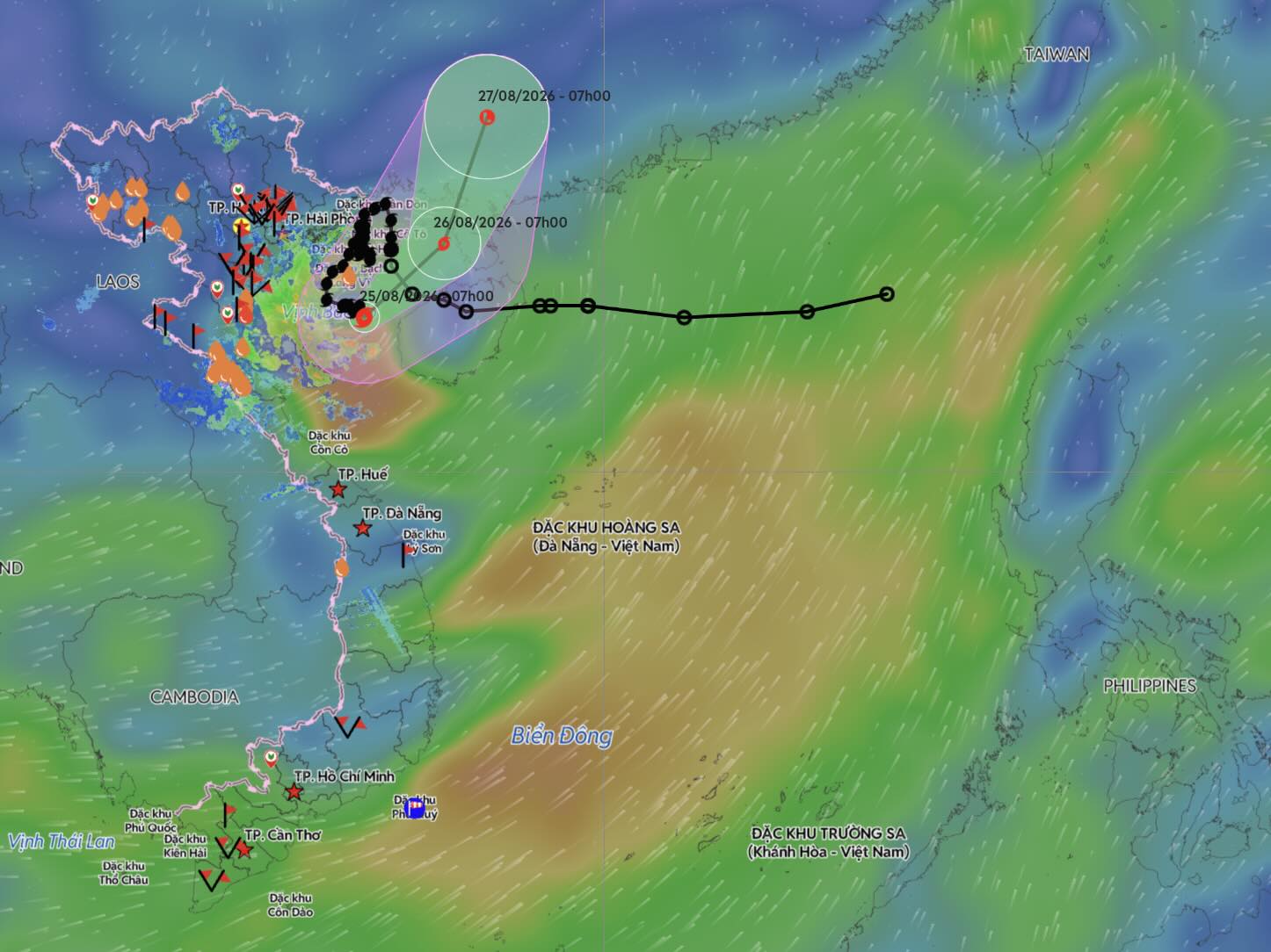 Direction of movement of storm No. 4 at 7:00 AM on August 25. Photo: Vietnam Disaster Monitoring System