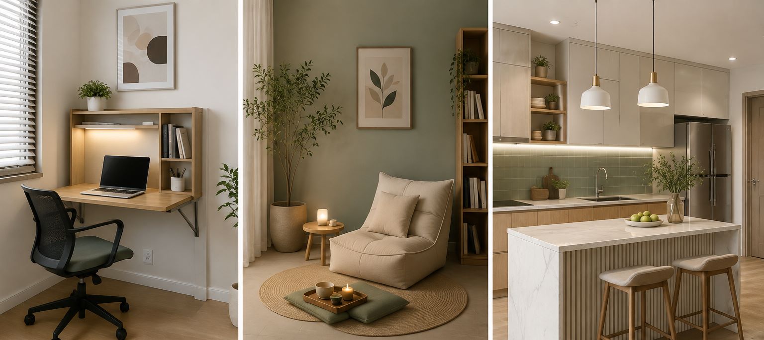 Suggested arrangement of a scientific apartment with a private workspace, quiet relaxation area and a compact, multi-functional open kitchen. Photo supported by AI