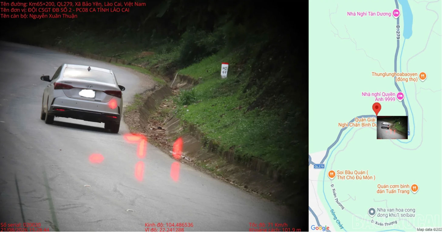 Driver driving vehicle speeding on National Highway 279. Photo: Lao Cai Traffic Police