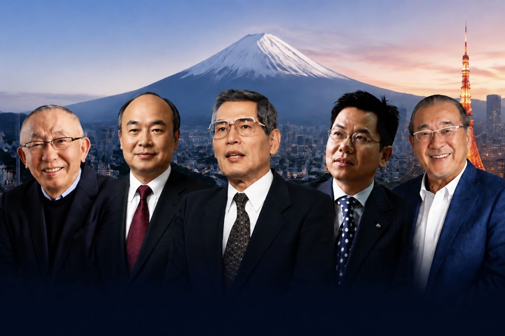 From left to right: Japan's 5 richest billionaires including Tadashi Yanai and his family, Masayoshi Son, Takemitsu Takizaki, Yasumitsu Shigeta and Takao Yasuda. Graphics: AI