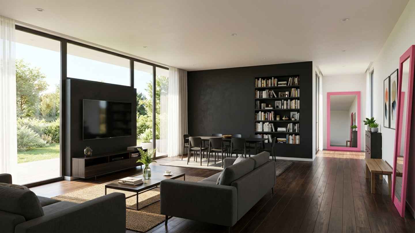Large glass door design helps the living room receive natural light, creating a feeling of spaciousness. Photo supported by AI