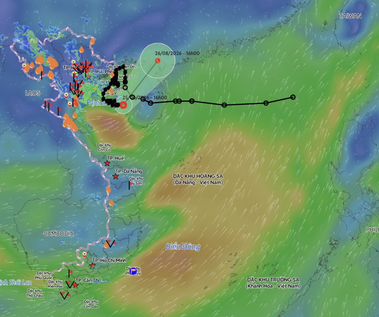 Direction of movement of the tropical depression (weakened from storm No. 4) at 16:00 on August 25. Photo: Vietnam Disaster Monitoring System