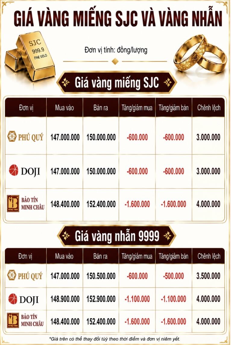 Giá vàng miếng SJC và nhẫn trơn tại một số đơn vị kinh doanh. Đơn vị: đồng/lượng. Đồ họa: AI