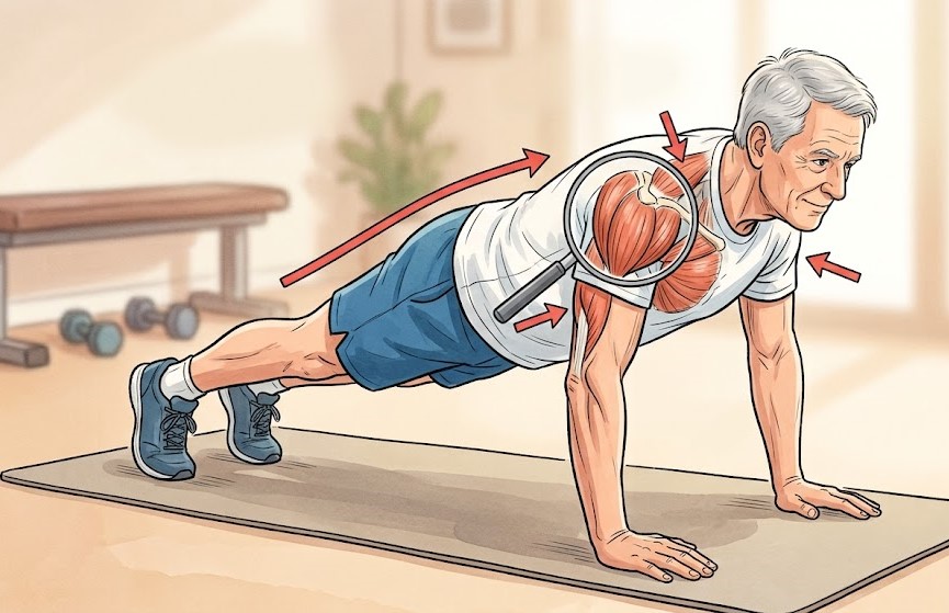 Practicar los flexiones con la técnica adecuada a la altura adecuada es una forma de ayudar a los ancianos a proteger su salud. Foto con el apoyo de la IA
