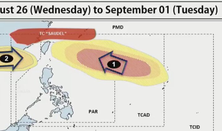 Forecast of tropical cyclones (1) and (2) in week 1, from August 26th to September 1st. In which, region 1 is likely to develop into a storm from moderate to high. Photo: PAGASA