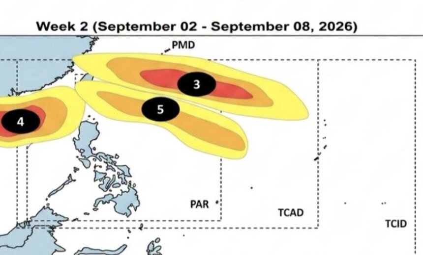 3 vùng TCLV (3), (4) và (5) được dự báo xuất hiện trong tuần 2, từ ngày 2-8.9. Ảnh: PAGASA