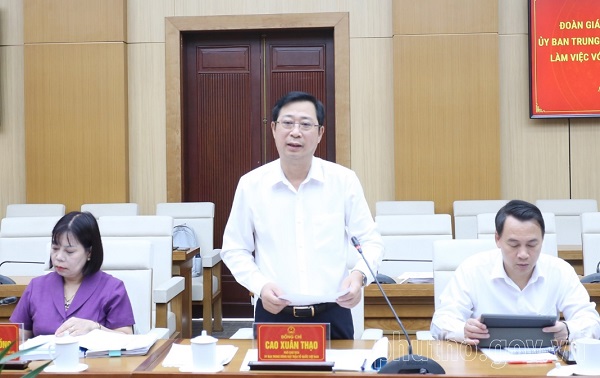Vice Chairman of the Central Committee of the Vietnam Fatherland Front Cao Xuan Thao speaks at the working session with Phu Tho. Photo: Phu Tho Provincial People's Committee Information Portal