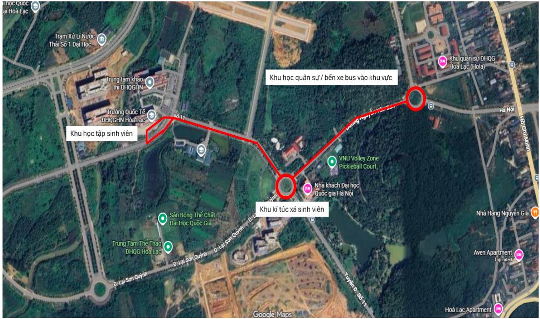 Diagram of the experimental road to take students from dormitories to lecture halls by self-driving bus. Photo: Phenikaa-X
