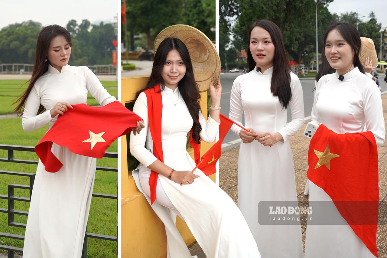 Nhóm bạn trẻ cùng nhau tạo dáng, lưu giữ những khoảnh khắc tại Quảng trường Ba Đình. Ảnh: Linh Anh