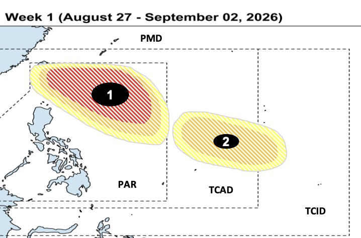 Weekly forecast from February 27-8-9 shows 2 ridges likely to form, of which zone No. 1 is likely to develop into a high storm. Photo: PAGASA