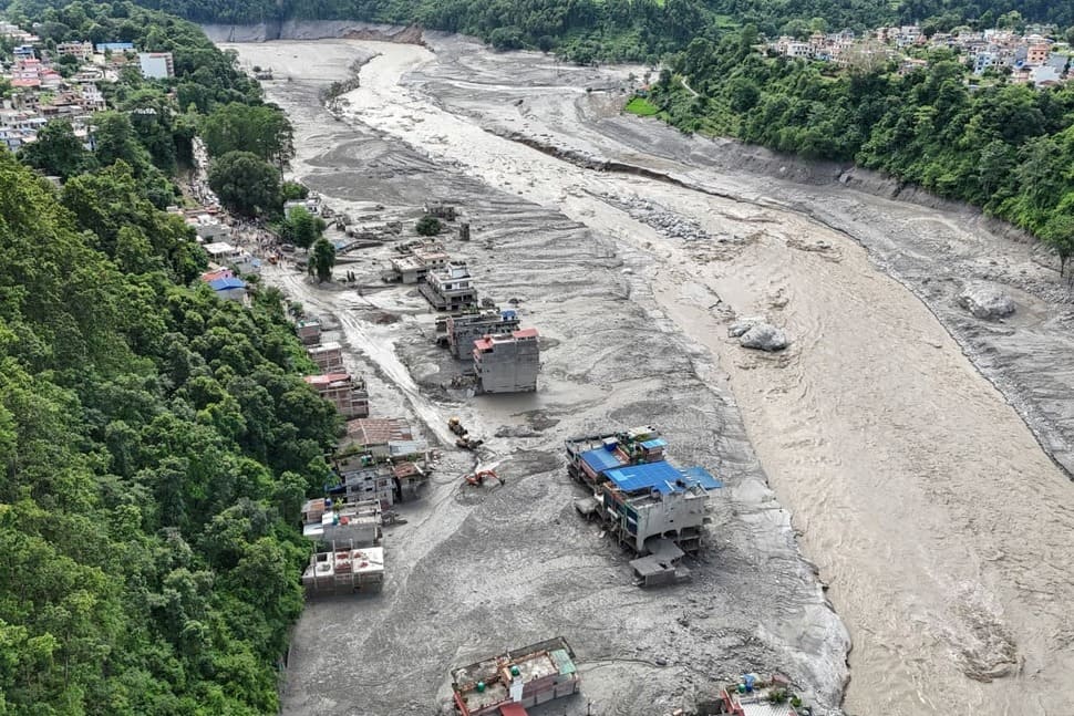 Houses flooded in mud after the flash flood in Trishuli, Nuwakot district, Nepal. Photo: AFP