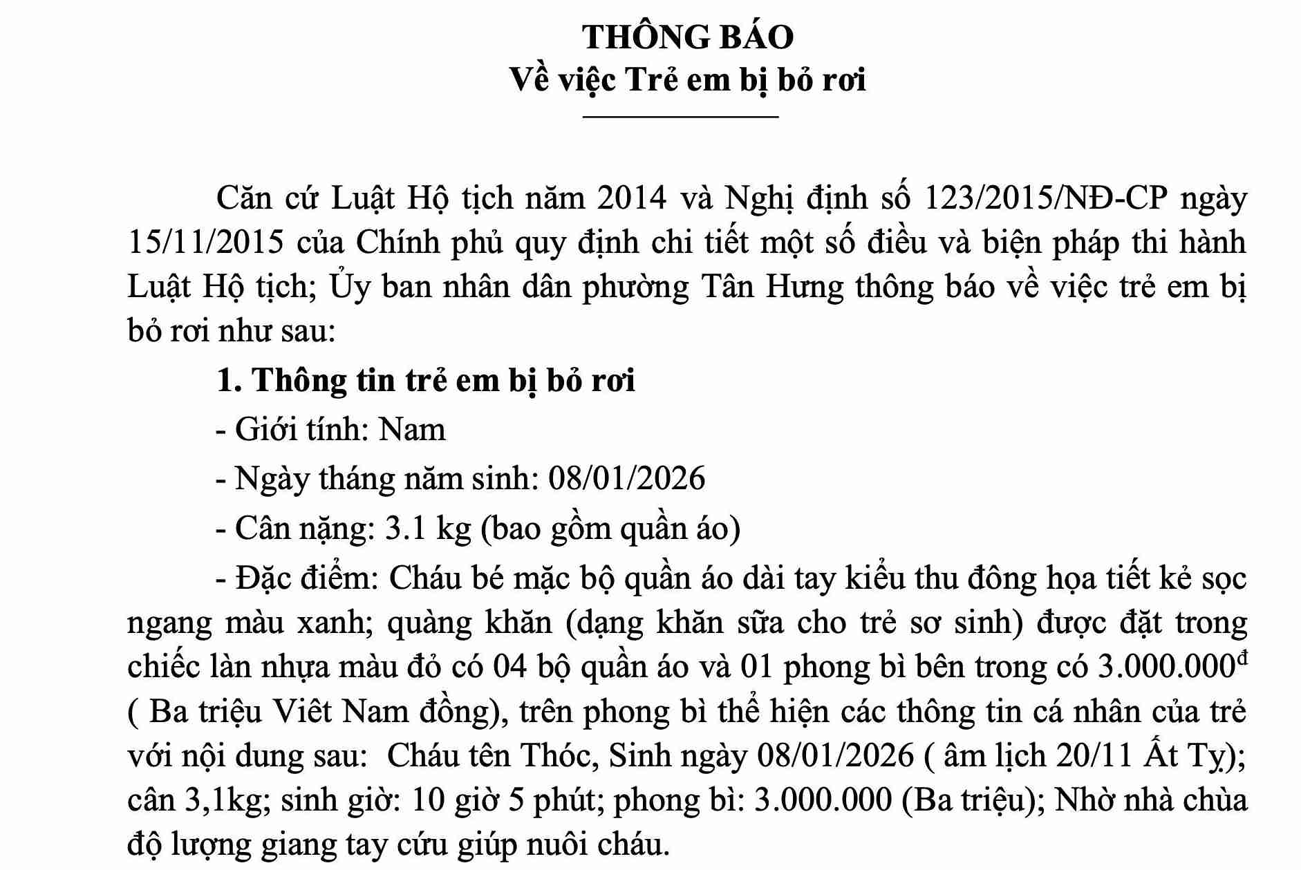 Tan Hung Ward seeks parents and relatives for abandoned baby boy. Photo taken from the document