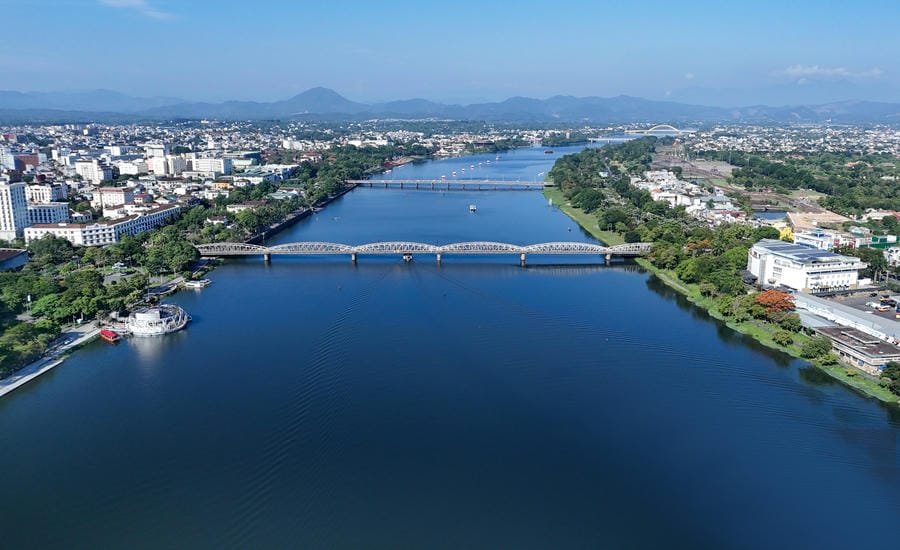 Overview of the Perfume River and Hue urban space seen from above. The river plays an important role in shaping the landscape structure, architecture and identity of the heritage city. Photo: Phuc Dat