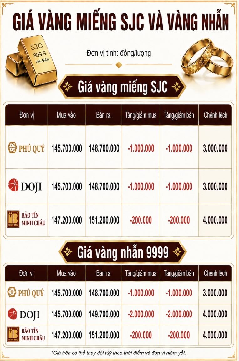 Giá vàng miếng SJC và nhẫn trơn tại một số đơn vị kinh doanh. Đơn vị: đồng/lượng. Đồ họa: AI