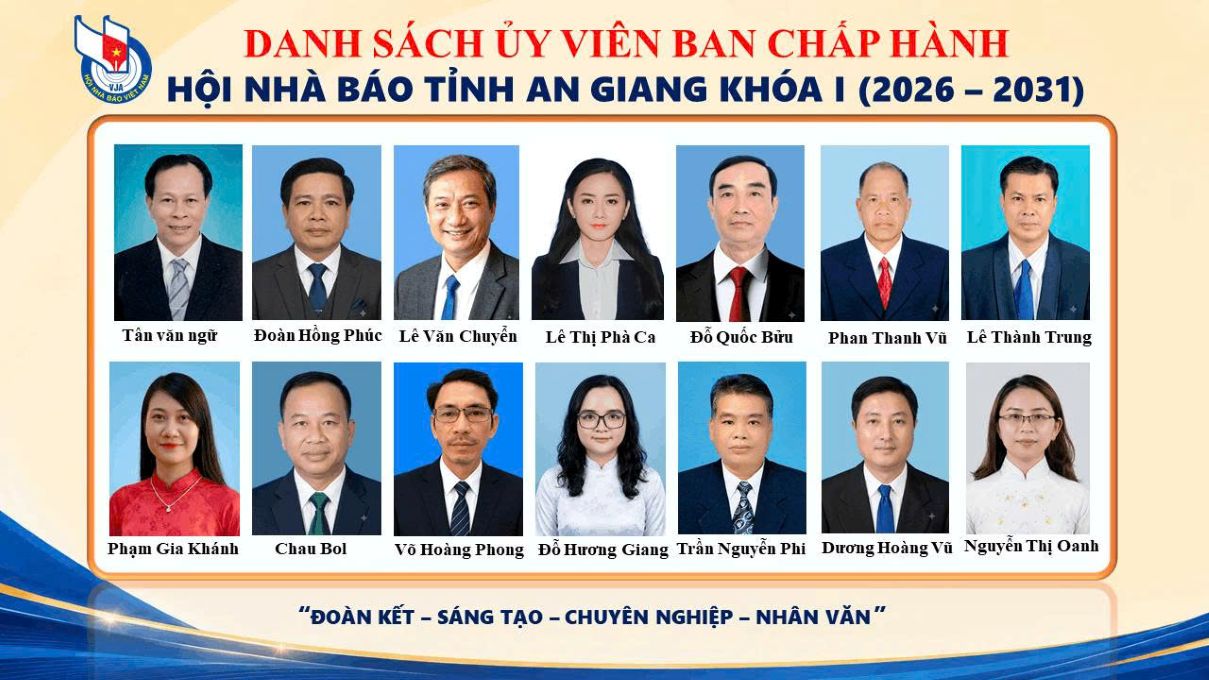 Ban chấp hành Hội Nhà báo tỉnh An Giang nhiệm kỳ 2026-2031. Ảnh: Hội Nhà báo tỉnh An Giang cung cấp