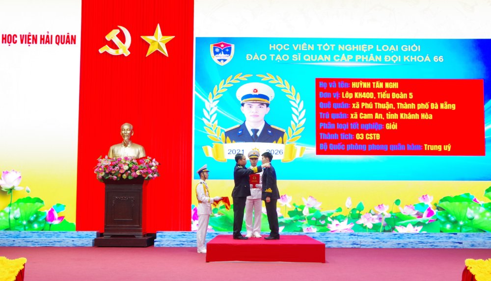 Chuẩn Đô đốc Nguyễn Văn Bách trao quyết định và gắn quân hàm sĩ quan cho học viên tốt nghiệp loại giỏi. Ảnh: Huy Tứ