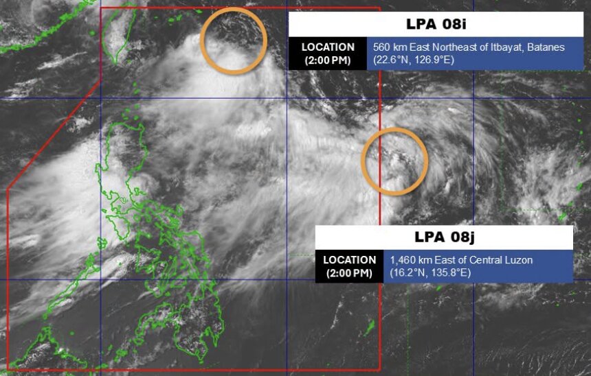 Satellite images show two low pressure areas (LPA 08i and LPA 08j) being monitored in eastern Philippines on August 28. Photo: PAGASA