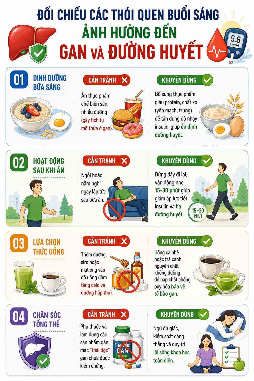 Infographic: Đối chiếu các thói quen Tốt - Xấu vào buổi sáng đối với gan và đường huyết. Đồ họa: AI