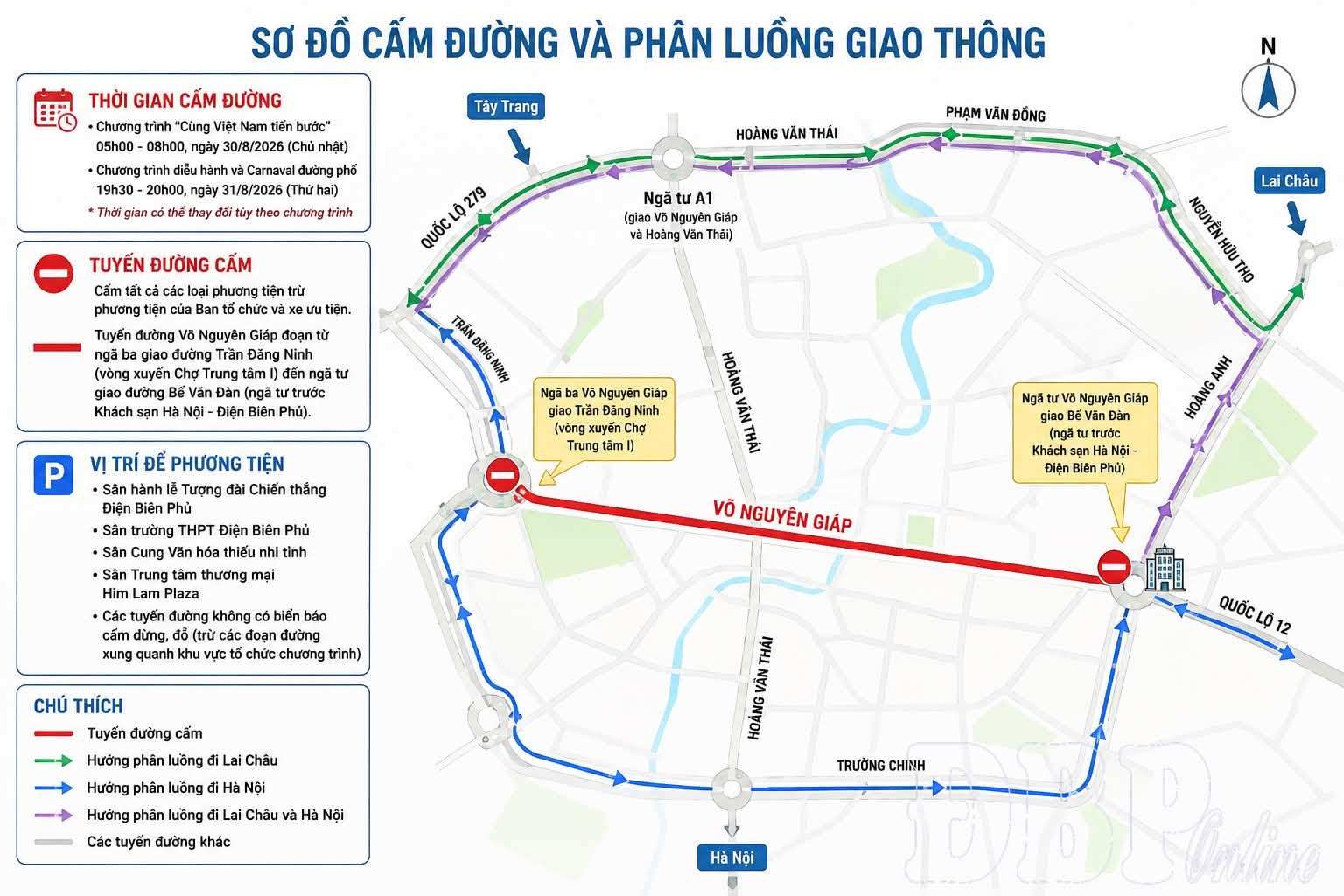Phương án phân luồng giao thông trong khung giờ cấm đường. Ảnh: Công an Điện Biên
