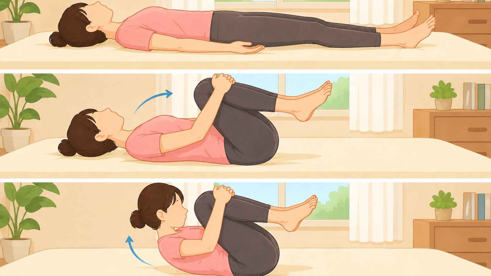 Bài tập ôm đầu gối kết hợp hít thở sâu giúp thư giãn cơ hô hấp và hỗ trợ cải thiện tư thế. Ảnh có sự hỗ trợ của AI