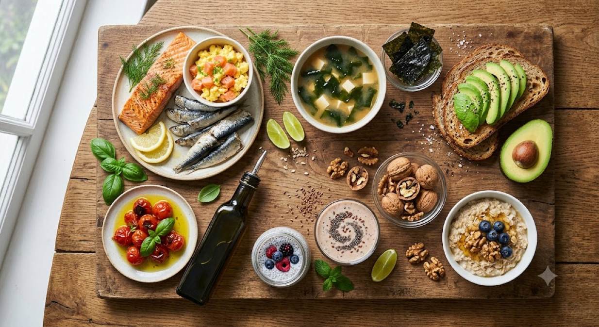 Adding healthy fat-rich food groups to your daily menu is a simple way to maintain memory and clear concentration. Image created by AI