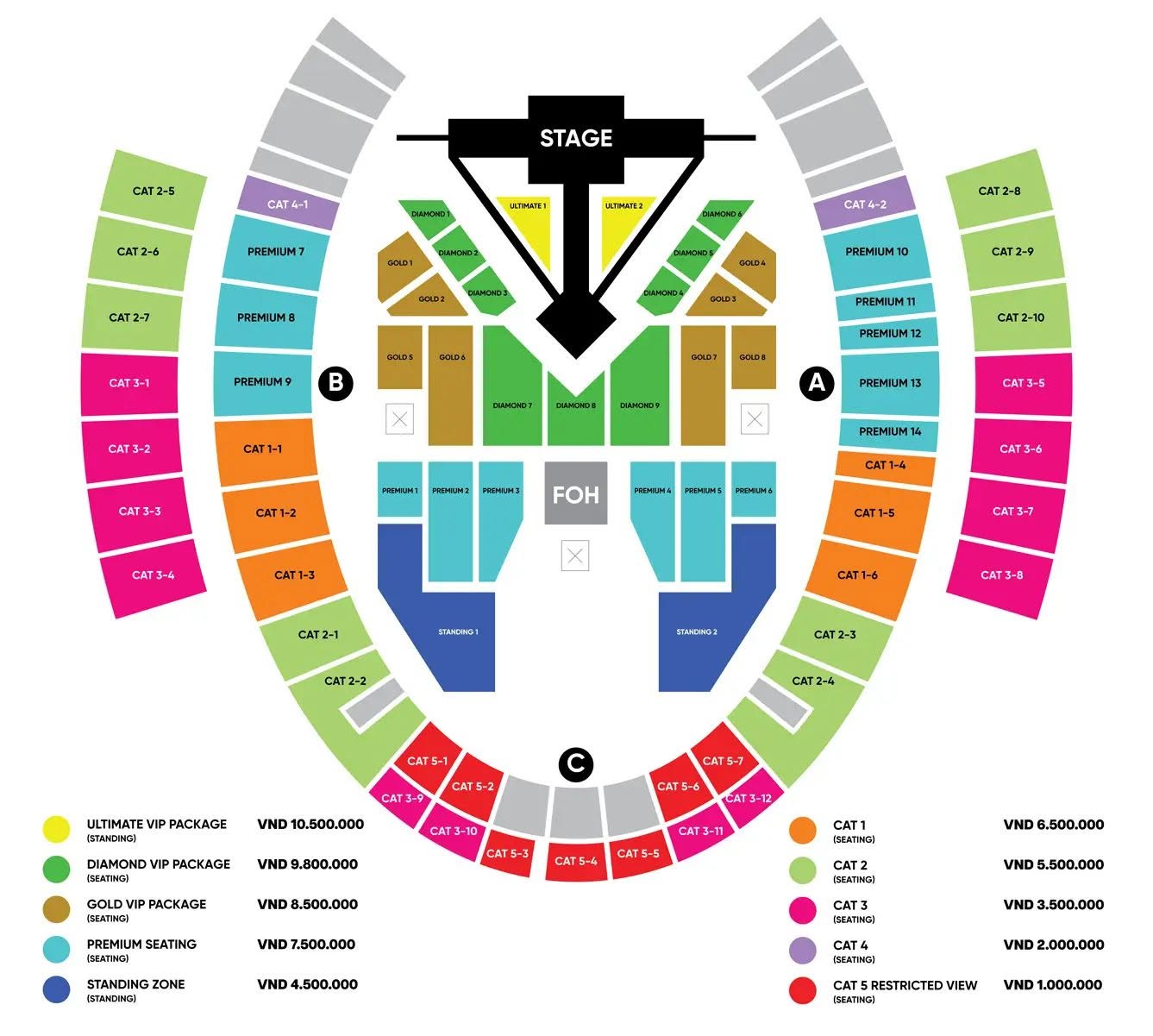 Sơ đồ chỗ ngồi và giá vé concert Big Bang. Ảnh: VP Bank