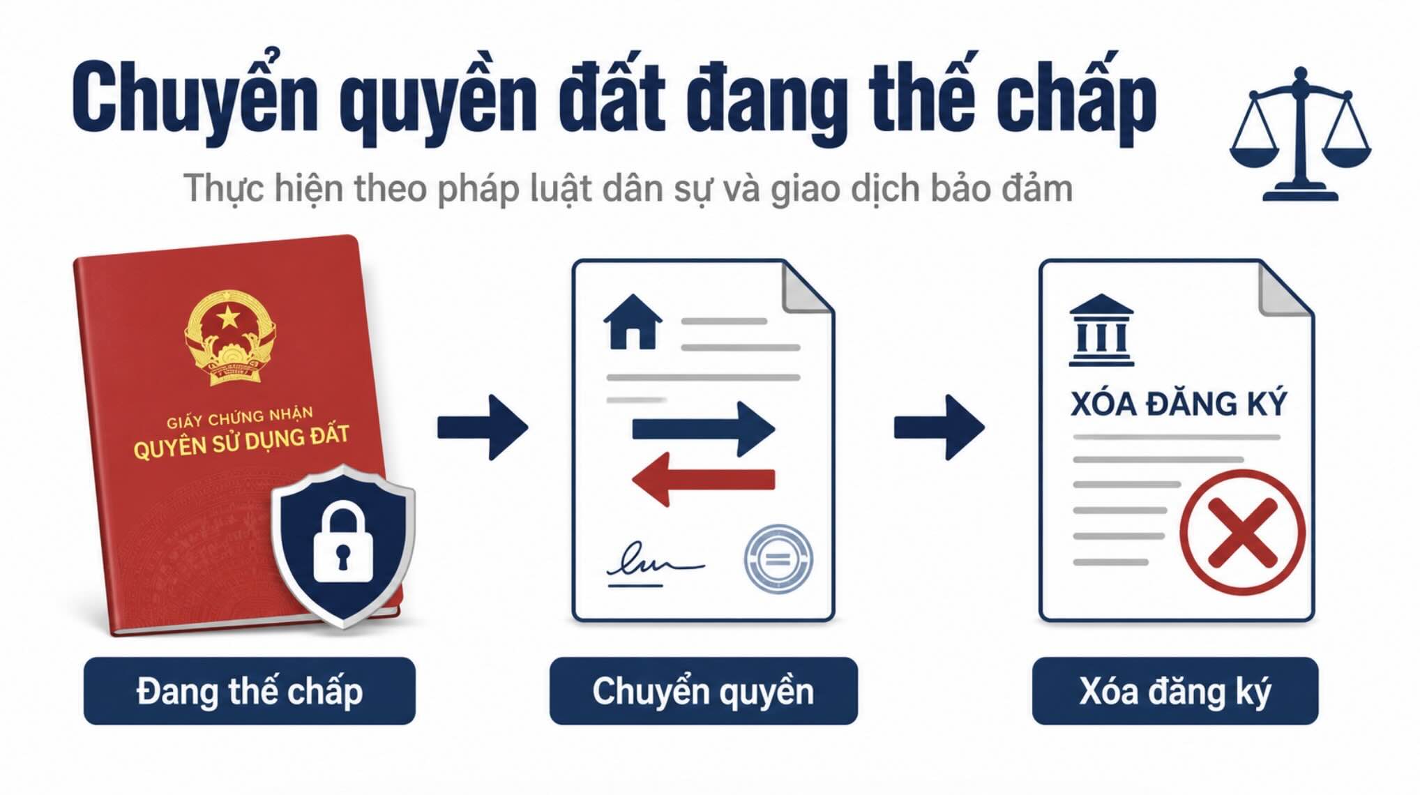 Đất chưa xóa đăng ký thế chấp có được chuyển quyền hay không cần căn cứ quy định về dân sự và giao dịch bảo đảm. Đồ họa: AI