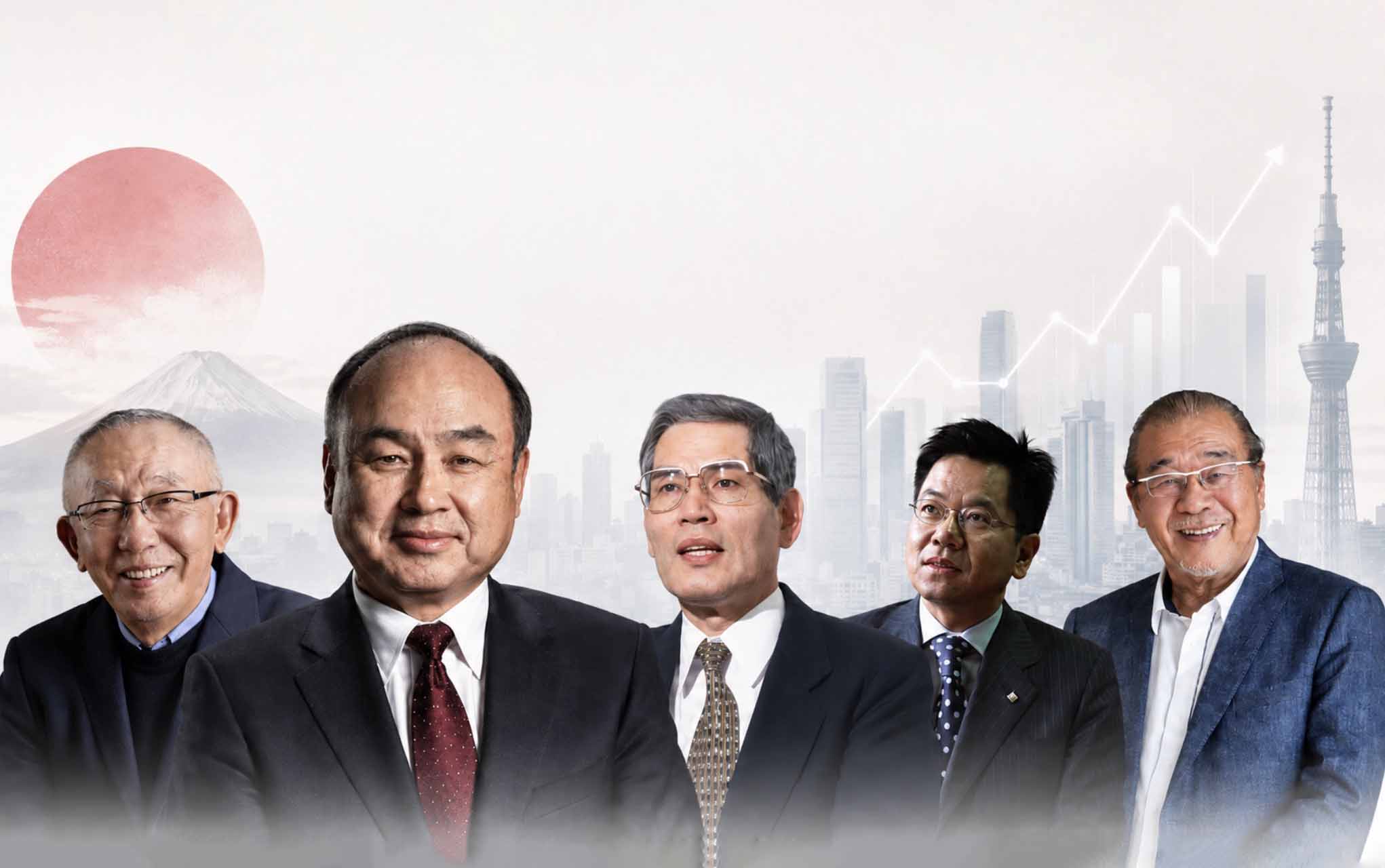 From left to right are billionaires Tadashi Yanai, Masayoshi Son, Takemitsu Takizaki, Yasumitsu Shigeta and Takao Yasuda. Graphics: AI.