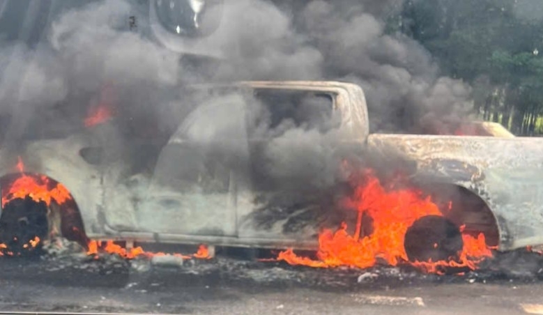 Pickup truck burned to a frame on the road in Dong Nai city. Photo: Reader provided
