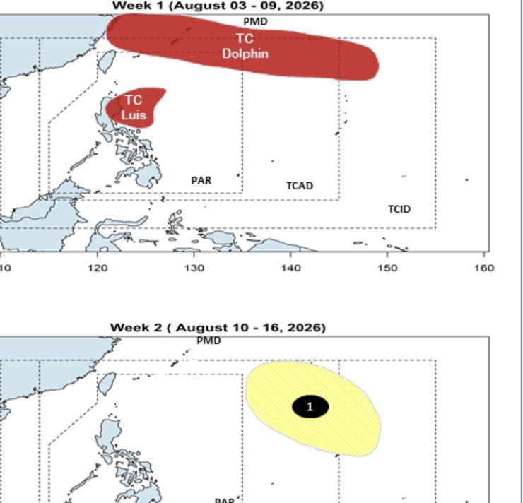 Bão Dolphin và áp thấp nhiệt đới Luis đang hoạt động gần Philippines. Dự báo áp thấp mới sẽ sớm hình thành ngày sau 2 hệ thống này. Ảnh: PAGASA