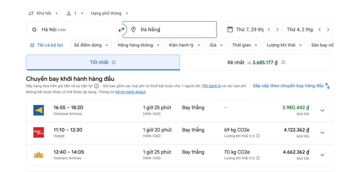 Giá vé máy bay Hà Nội - Đà Nẵng dịp nghỉ lễ 2.9 năm nay. Ảnh: Google Flighta