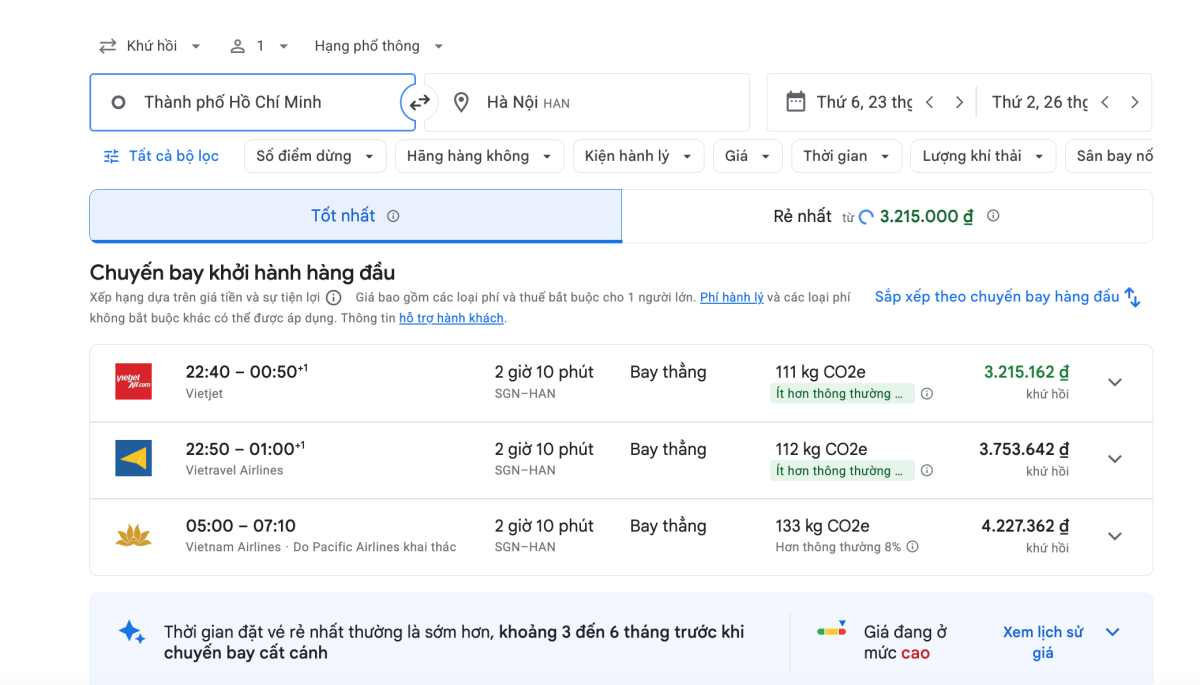 Giá vé máy bay khứ hồi từ TPHCM ra Hà Nội dịp concert của Big Bang. Ảnh: Google Flights