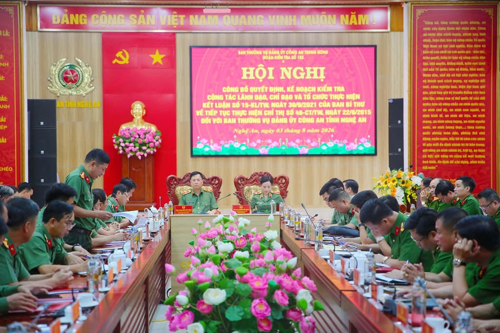Overview of the Conference announcing the Decision and Plan to inspect the Standing Committee of the Party Committee of Nghe An Provincial Police. Photo: Nghe An Police