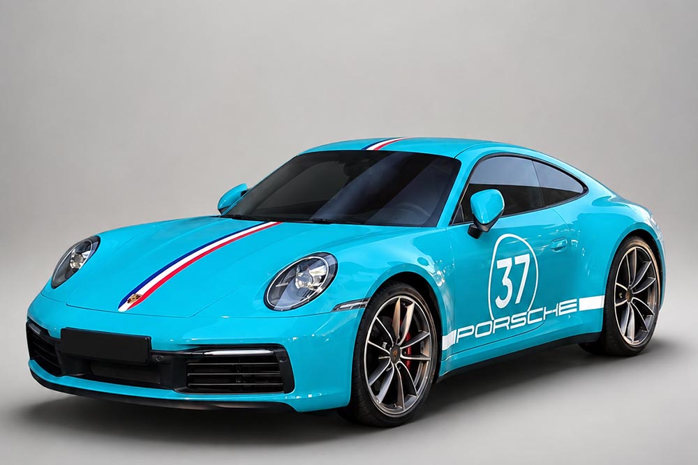The Porsche 911 Carrera S generation 992.1 stands out with its Miami Blue exterior appearing in Khanh Hoa. Graphics: Thanh Vu / Created with AI