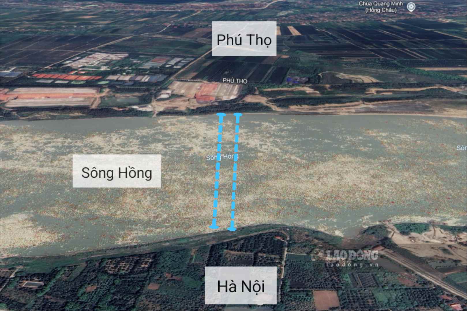 Van Phuc Bridge across the Red River connecting Hanoi - Phu Tho. Graphics on Google Earth background: To Cong