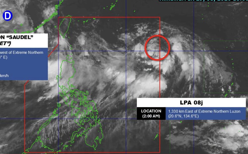 Typhoon Saudel is rekindling into a tropical depression and is likely to strengthen again in the East Sea. Satellite images show Saudel and the low pressure area 08j being monitored in the east of the Philippines. Photo: PAGASA