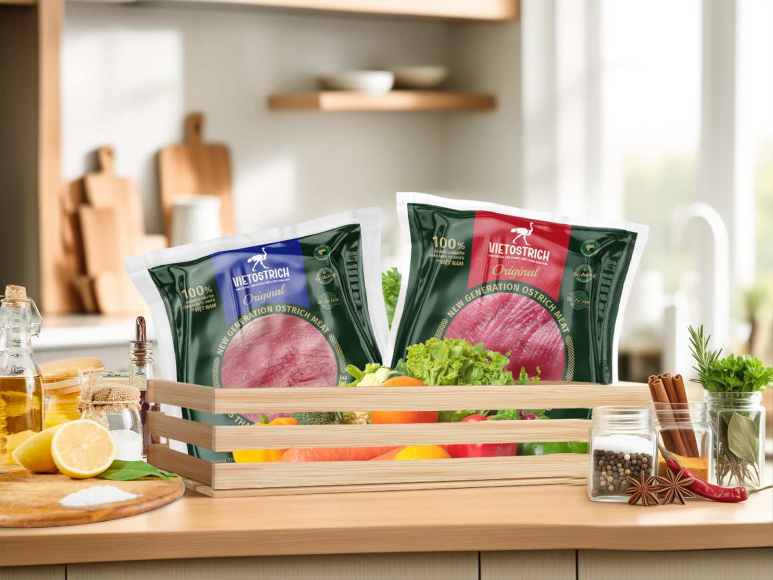 La viande d'autruche VietOstrich est un produit nutritionnel codé produit, une nutrition sûre pour les repas à la maison. Photo: Kiều Hương