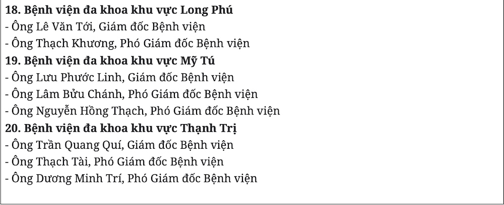 Danh sách các Giám đốc và Phó giám đốc được bổ nhiệm thuộc 20 bệnh viện đa khoa khu vực ở Cần Thơ. Ảnh chụp màn hình - Phong Linh.