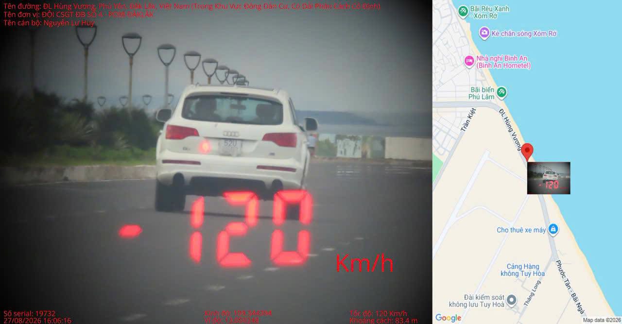 Tài xế lái xe ô tô nhãn hiệu Audi chạy với vận tốc 120km/h trong khu dân cư đông người ở phường Phú Yên, tỉnh Đắk Lắk.