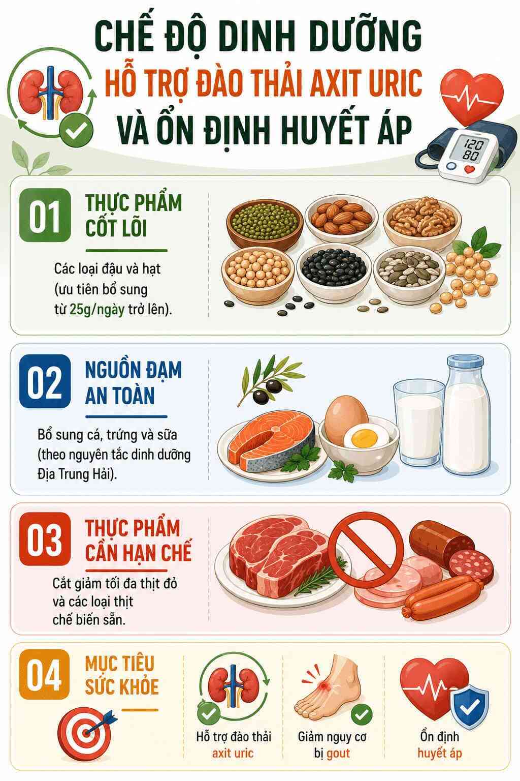 Infographic: Hướng dẫn ứng dụng chế độ dinh dưỡng hỗ trợ đào thải axit uric và kiểm soát huyết áp. Đồ họa: AI