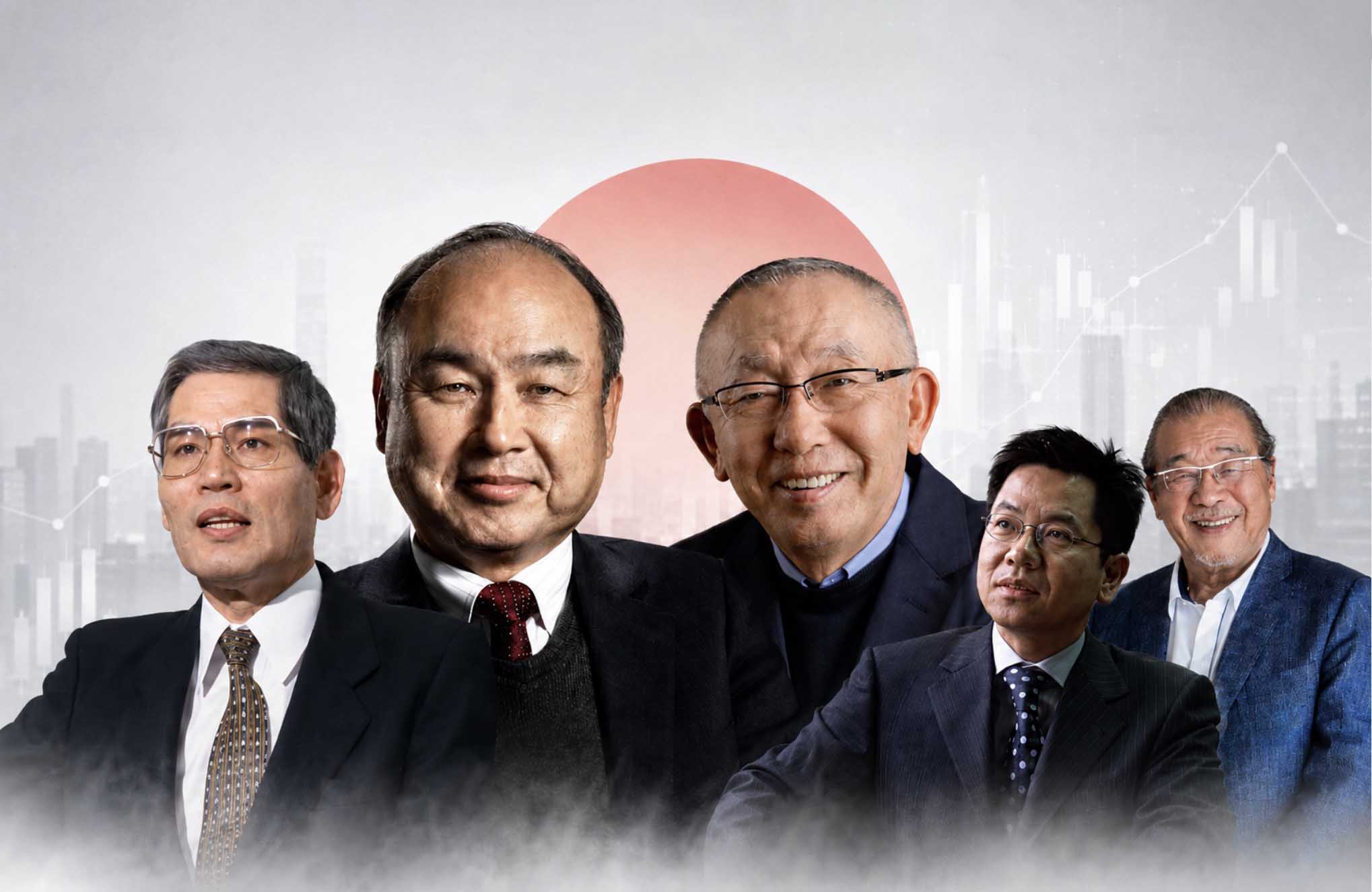 From left to right are billionaires Takemitsu Takizaki, Masayoshi Son, Tadashi Yanai, Yasumitsu Shigeta and Takao Yasuda - people in the richest group in Japan. Graphics: AI.