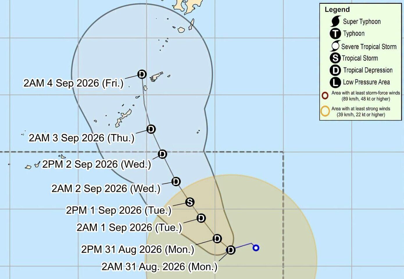 8월 31일~4월 9일 열대 저기압 필란독의 경로 및 강도 예측 사진: PAGASA