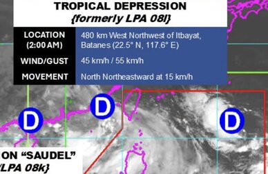 Ảnh vệ tinh cho thấy 3 vùng áp thấp khác đang được PAGASA theo dõi, bên cạnh áp thấp Pilandok. Ảnh: PAGASA